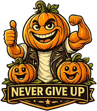 PumpkinRick mascot — Never Give Up
